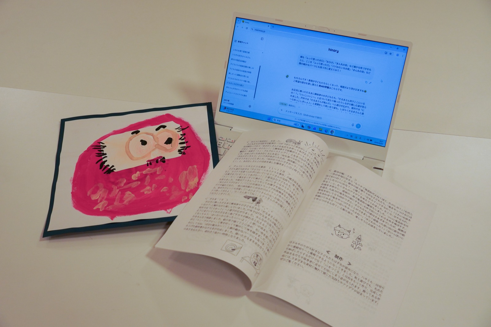 子どもが描いた鬼の作品と、活動をまとめたレジュメの冊子、ヒナリーの画面を映したノートパソコン