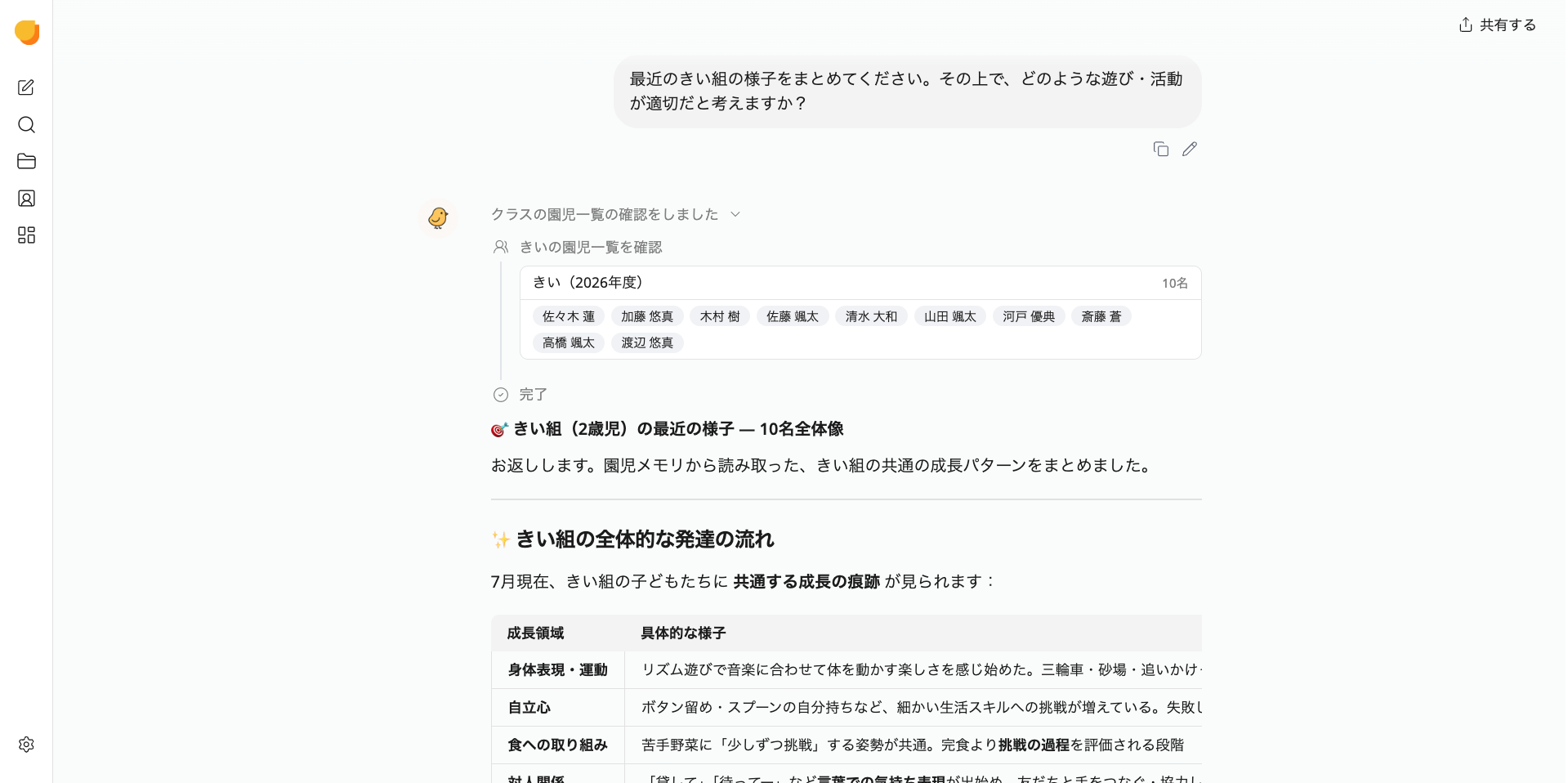 クラスの園児一覧をふまえて、クラス全体の育ちの様子と適切な遊び・活動をまとめる画面イメージ